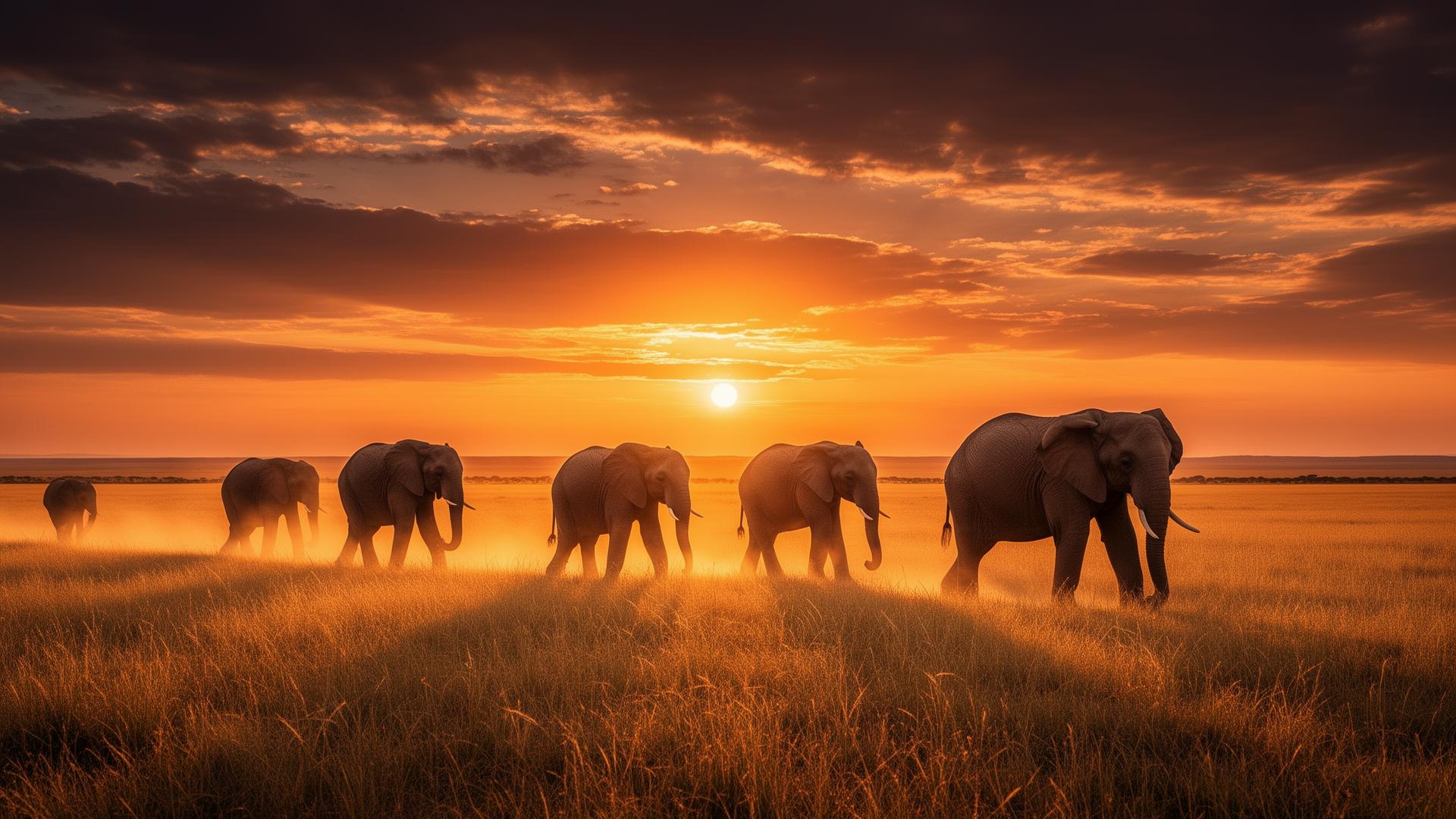 Elephants at sunset
